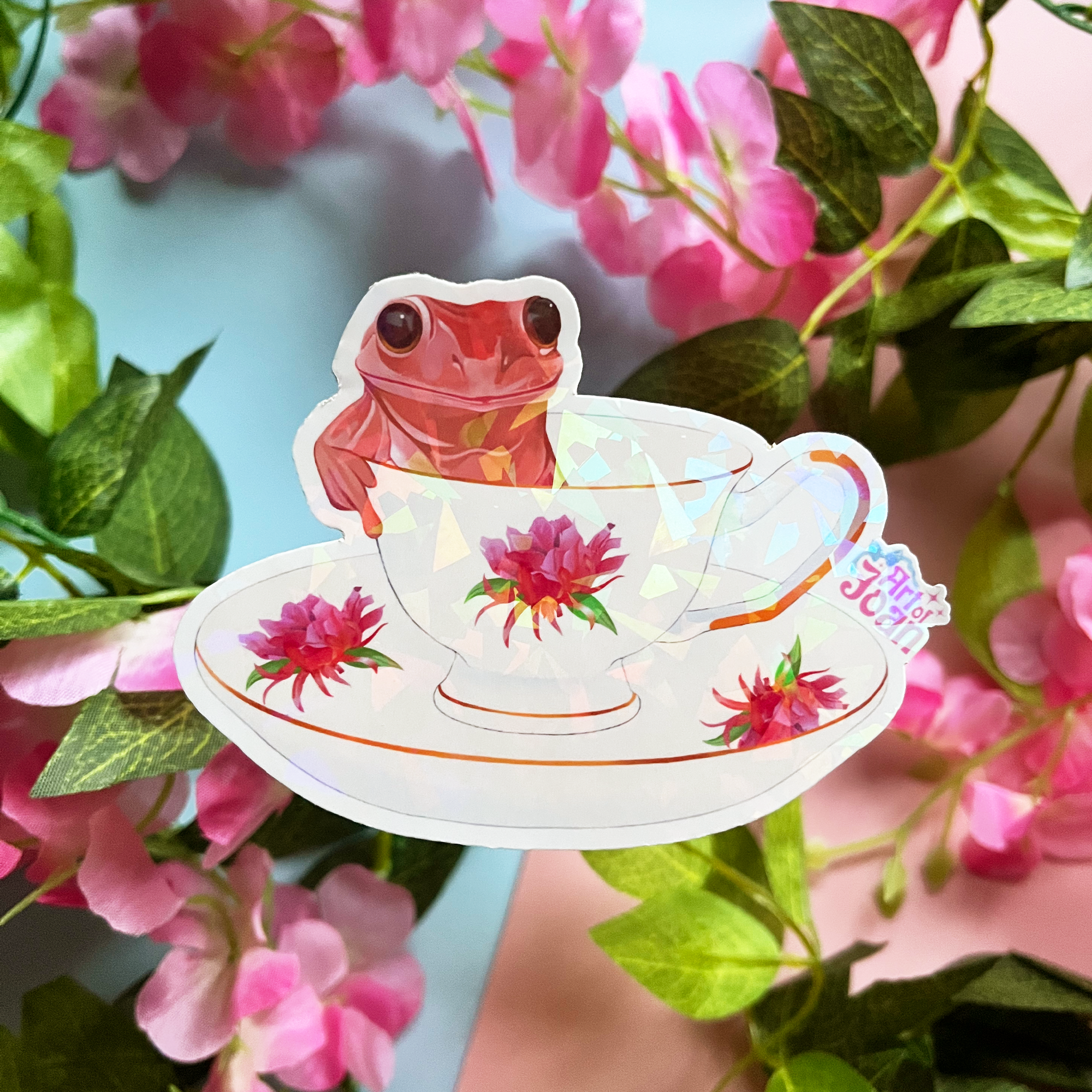 Frog in Teacup Holographic Sticker