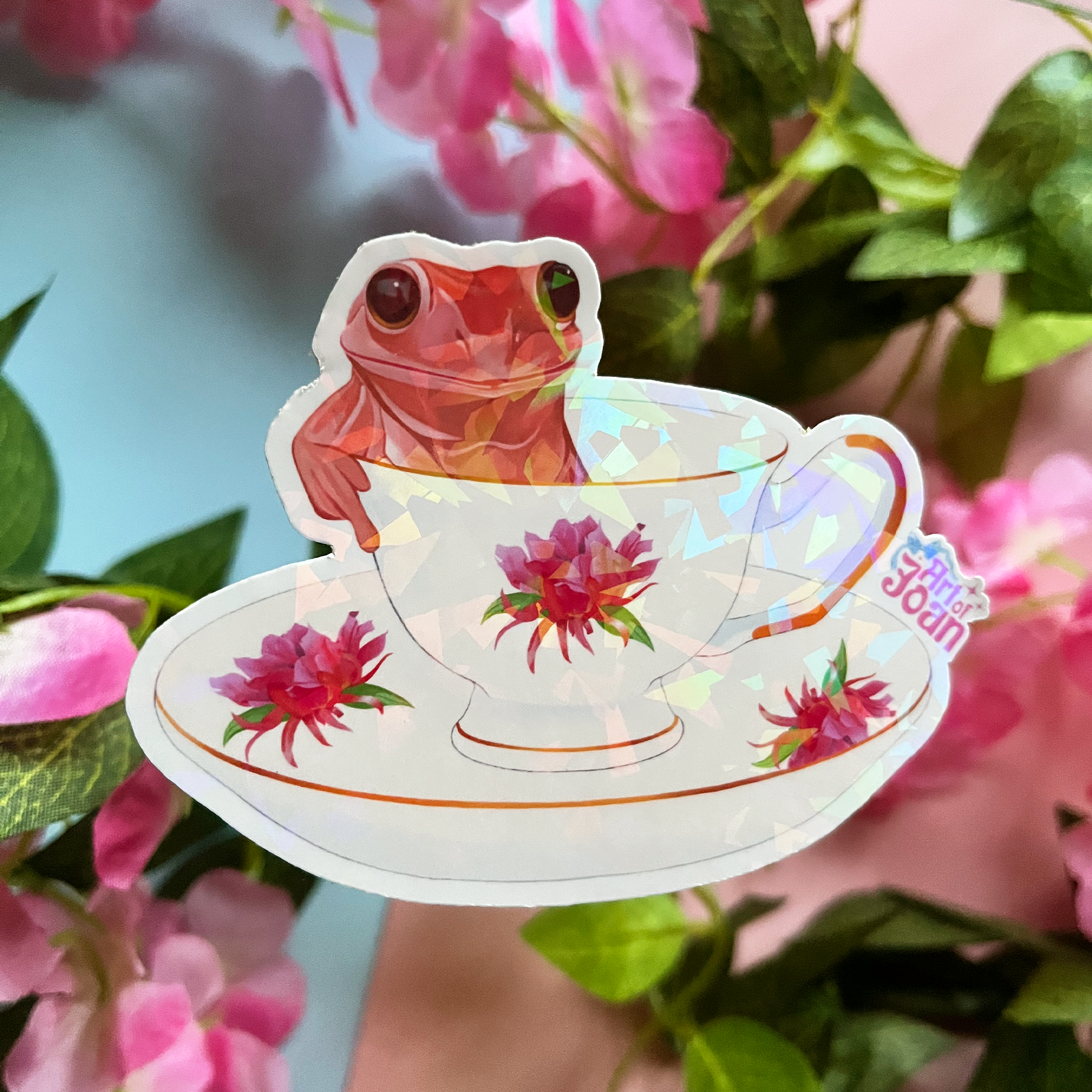 Frog in Teacup Holographic Sticker